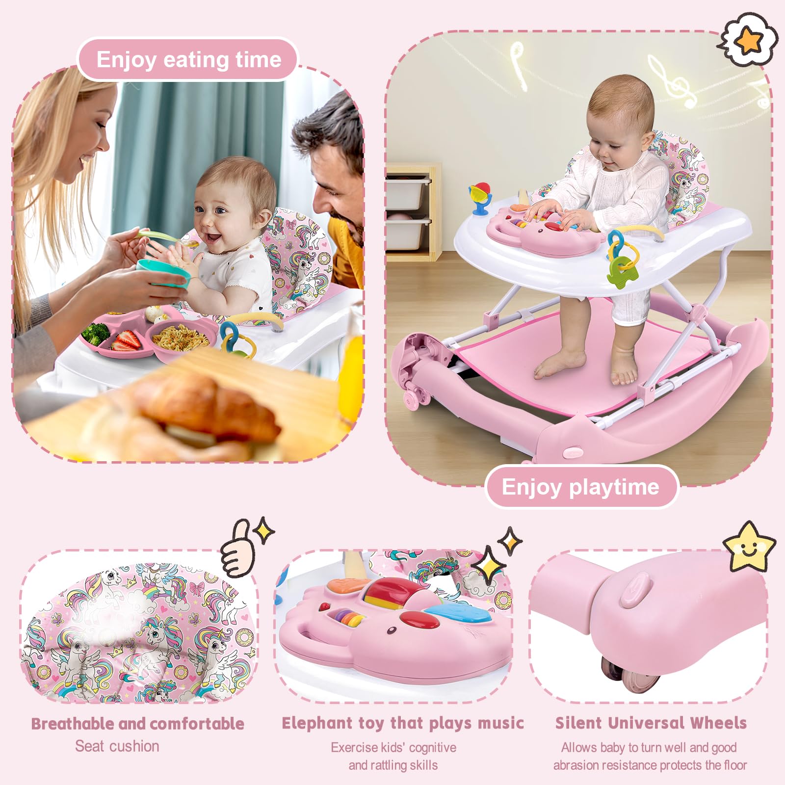 Howeemo 5-in-1 foldable baby walker in rocker mode provides secure playtime.