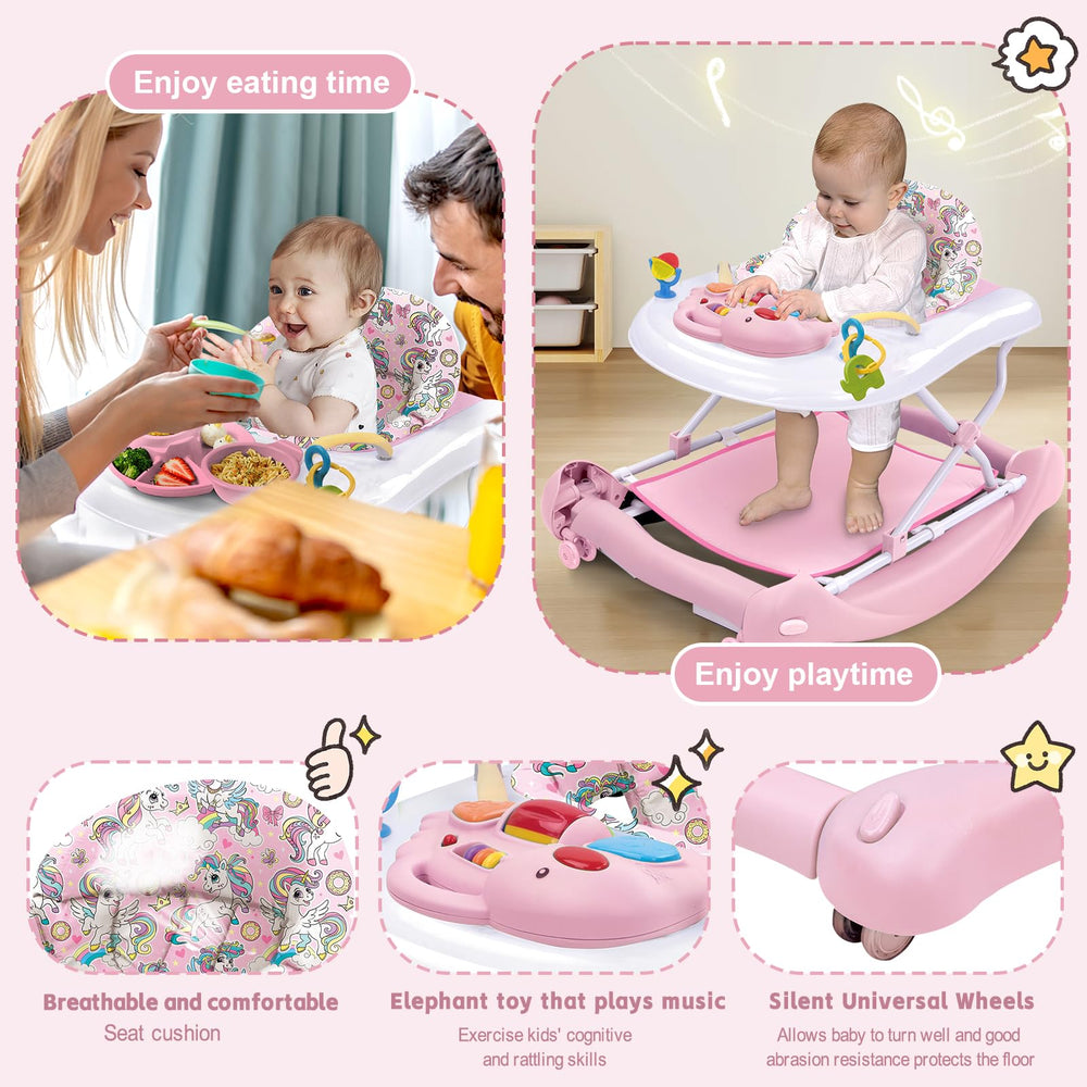 Howeemo 5-in-1 foldable baby walker in rocker mode provides secure playtime.