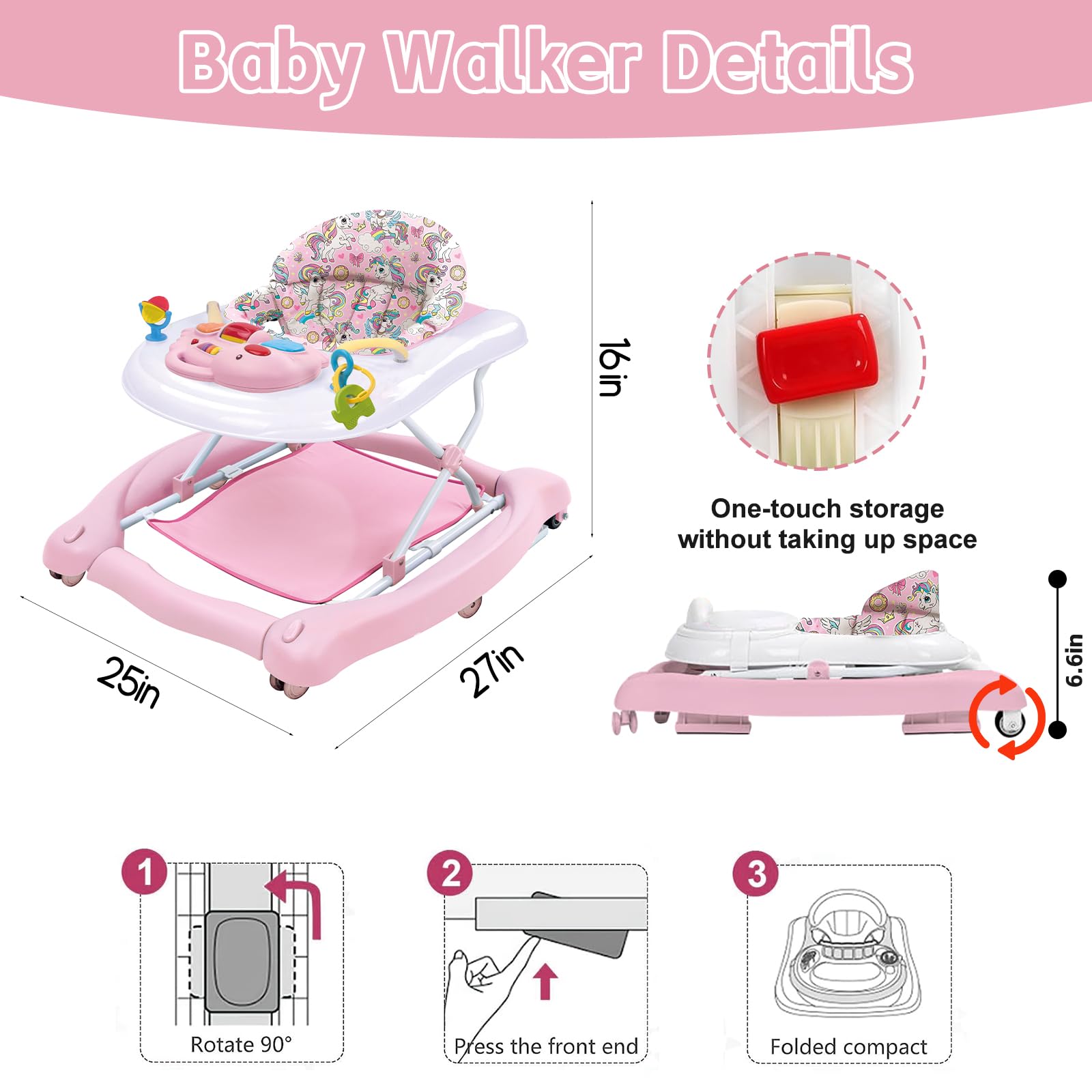 Howeemo 5-in-1 foldable baby walker includes toy panel for early learning.