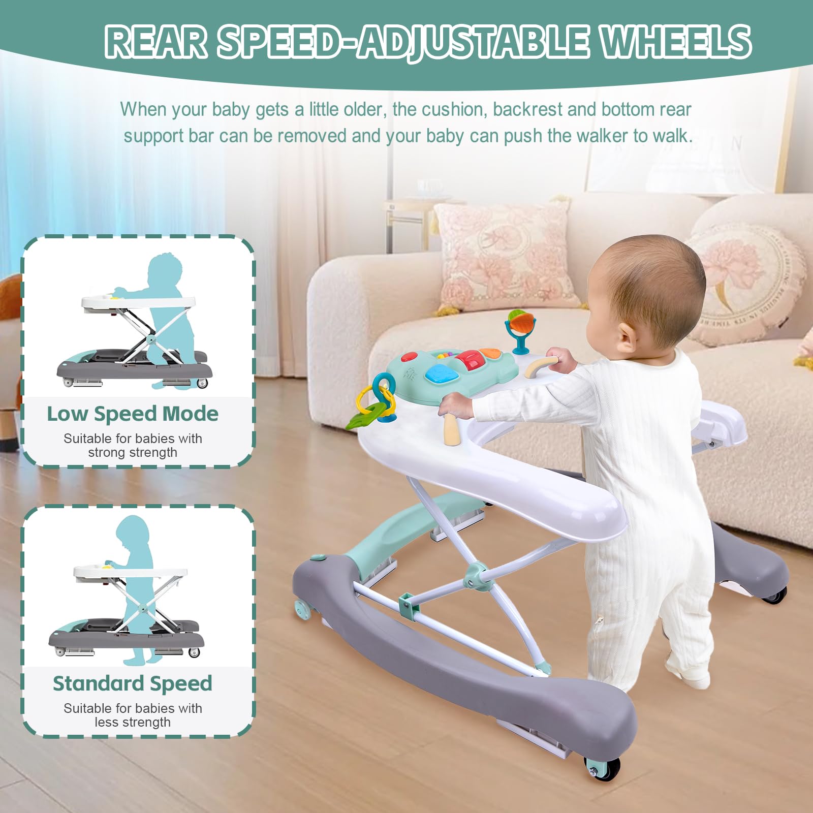 Howeemo activity center play panel with musical toys and shapes.