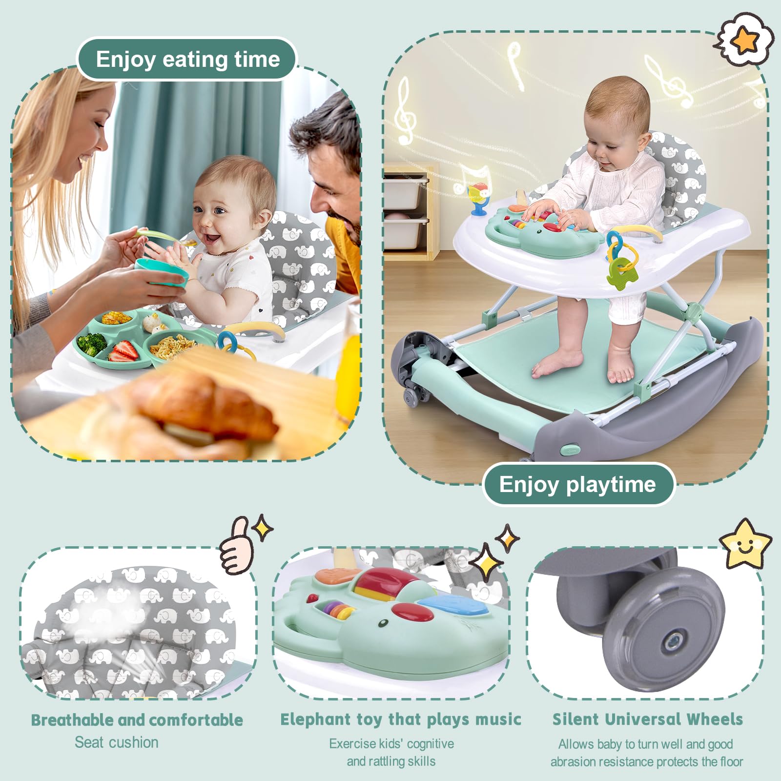 Howeemo foldable walker in dining-table mode offering a snack-ready surface.