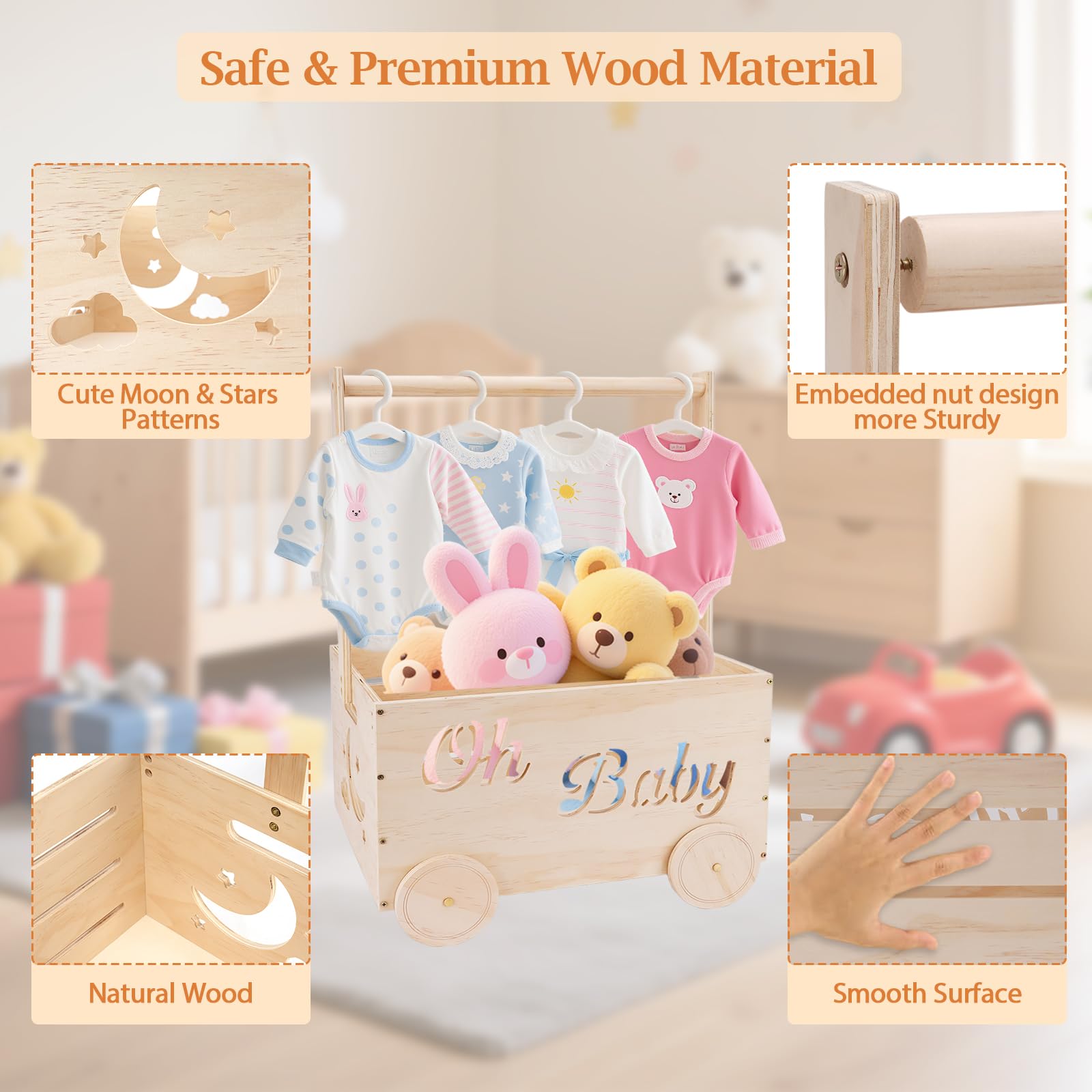 Hoywoul crate display with handle and decorative elements.