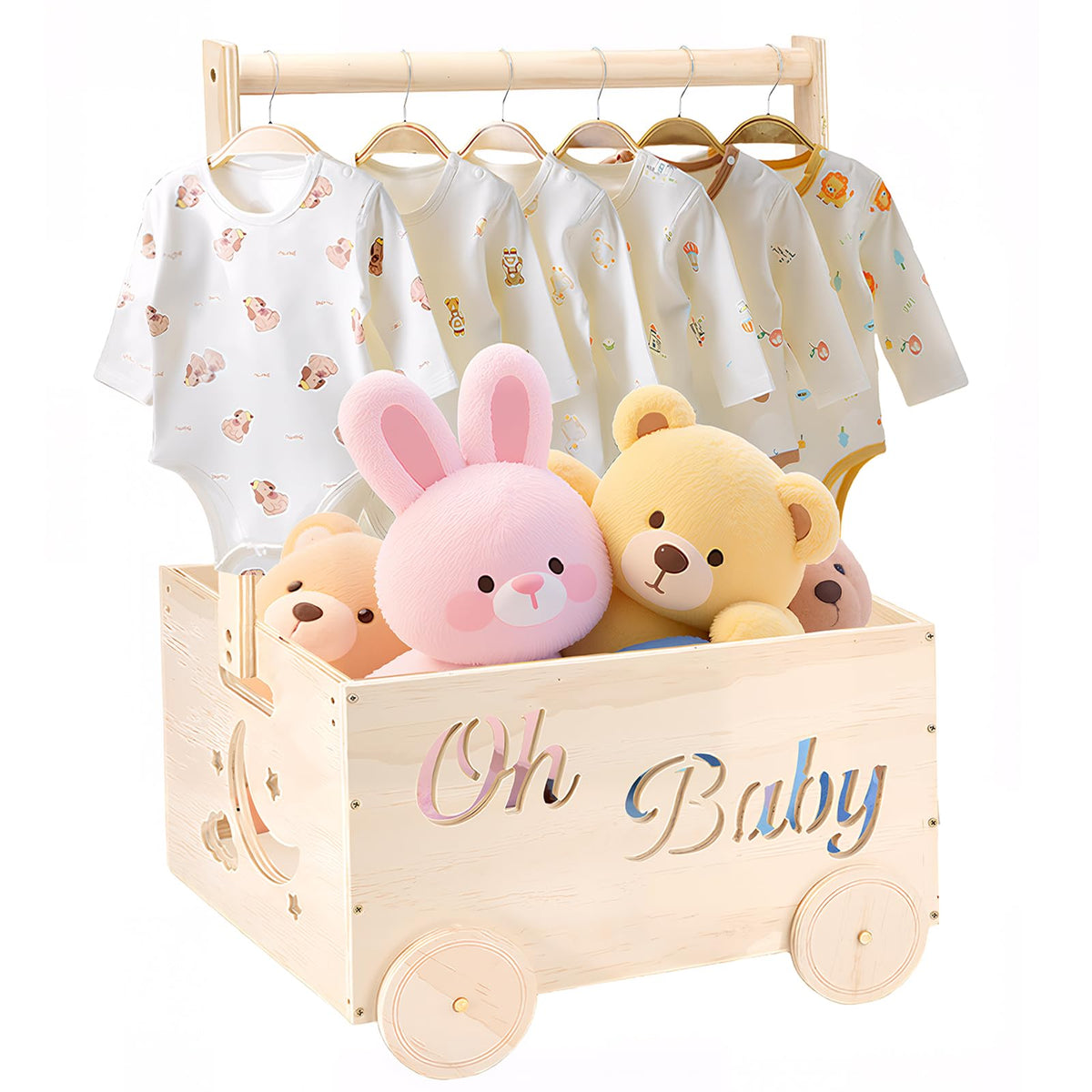 Hoywoul wooden baby shower crate with wheels for easy mobility.