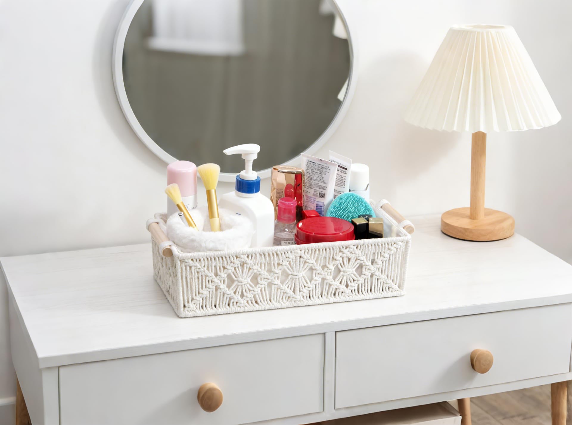 HOZII@FAB macrame basket small side view ideal for vanity organization