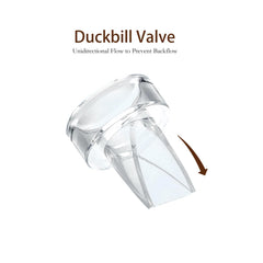 Hranio duckbill valve drain milk flow demonstrates efficient container filling.