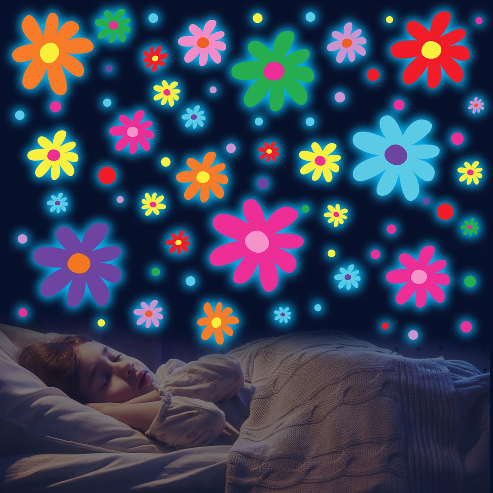 HSDSH Glow Daisy wall decal set glows softly to brighten kids' room at night.