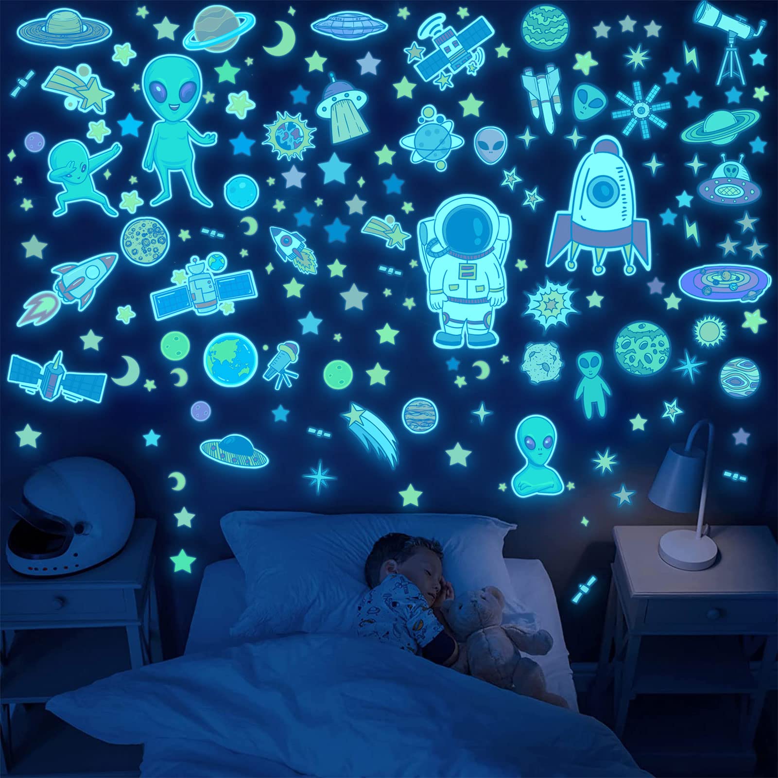 HSDSH glow space scene wall decal blue, transforms walls into a cosmic panorama