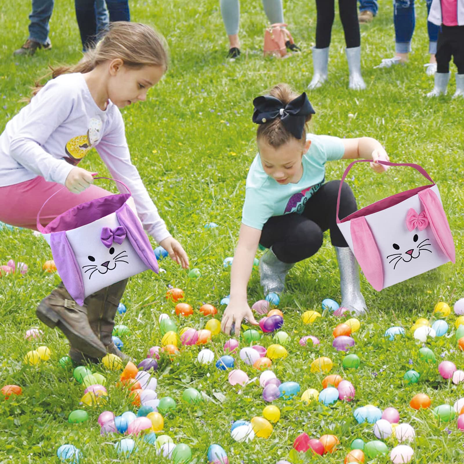 HSgoAek Easter Bunny Basket sturdy handle closeup shows easy carrying for kids