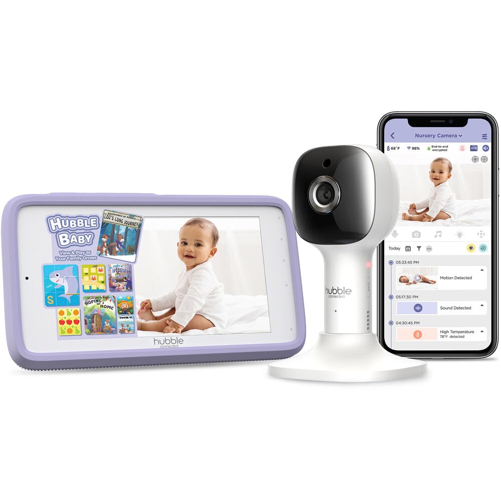 HUBBLE CONNECTED Nursery Pal Cloud Touch display shows crystal-clear HD feed for quick baby checks.