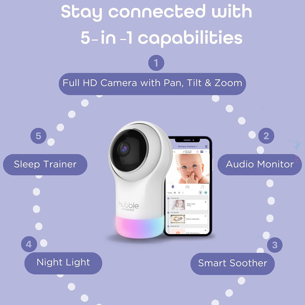 Hubble Connected Nursery Pal Glow pan tilt zoom adjusts view from anywhere.
