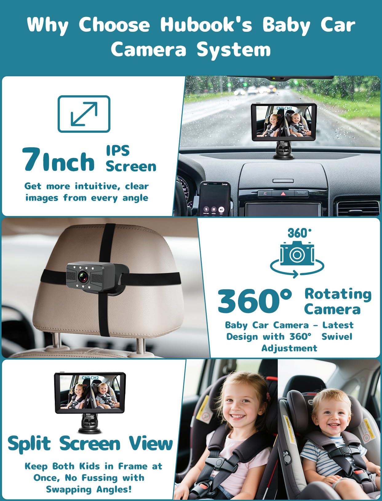 HUBOOK Baby Car Monitor 7-inch display for backseat supervision.