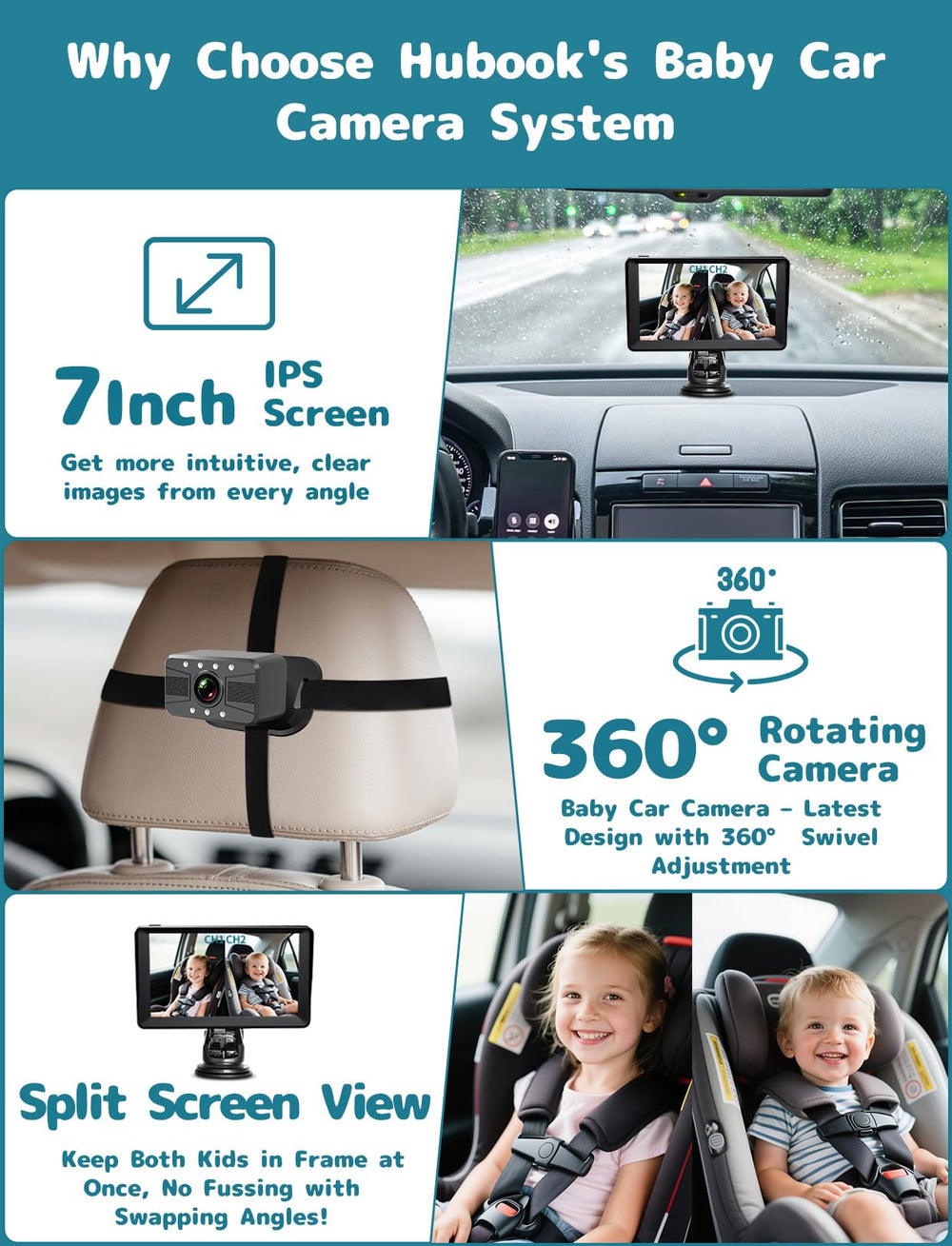 HUBOOK Baby Car Monitor 7-inch display for backseat supervision.
