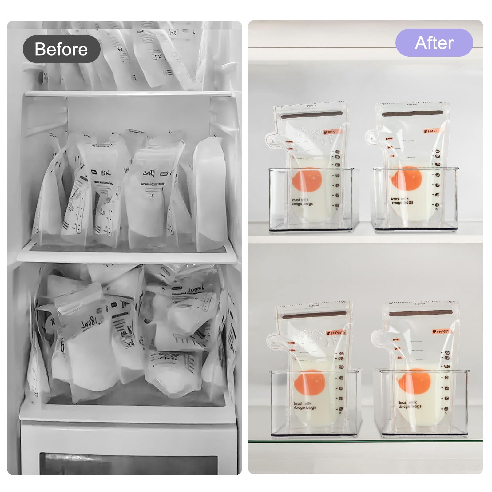 Hudgan clear bin for milk bags on shelves spotting bags at a glance.