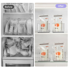 Hudgan clear bin for milk bags on shelves spotting bags at a glance.