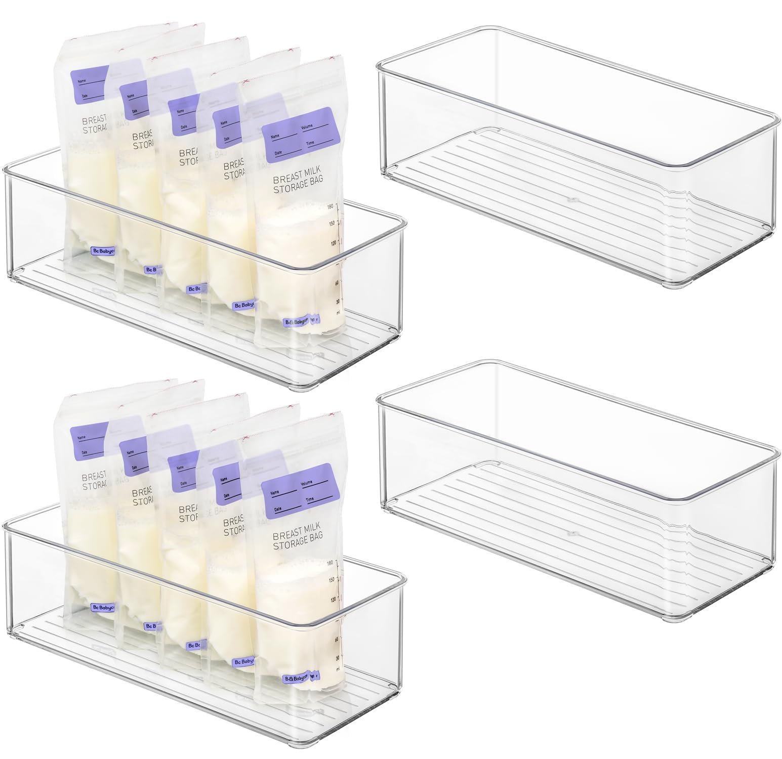 Hudgan four-piece breastmilk bins organized in fridge for quick bag access.