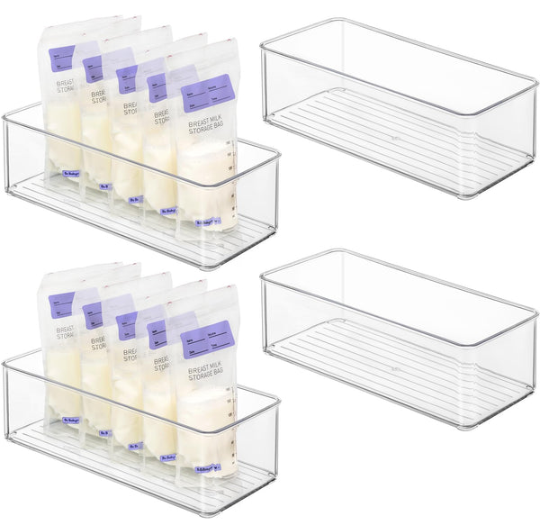 Hudgan four-piece breastmilk bins organized in fridge for quick bag access.