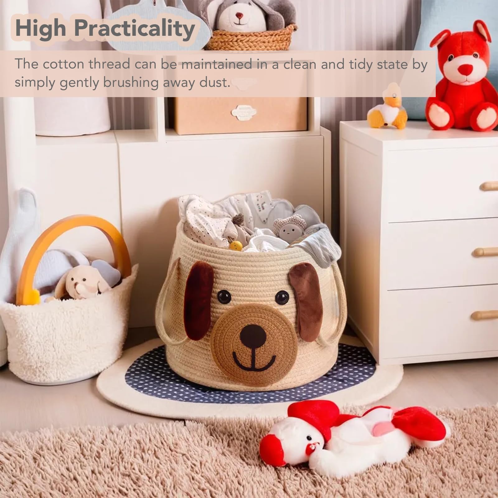 Hugaboom toy storage bin filled with plush toys in a playroom