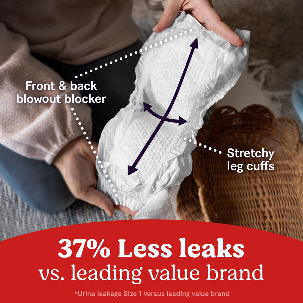 Huggies Little Snugglers 28% fewer blowouts emphasize mess containment.