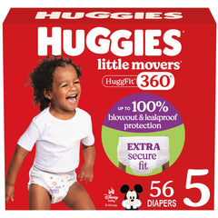 Huggies Little Movers HuggFit 360° diaper with 360° waistband for secure fit.