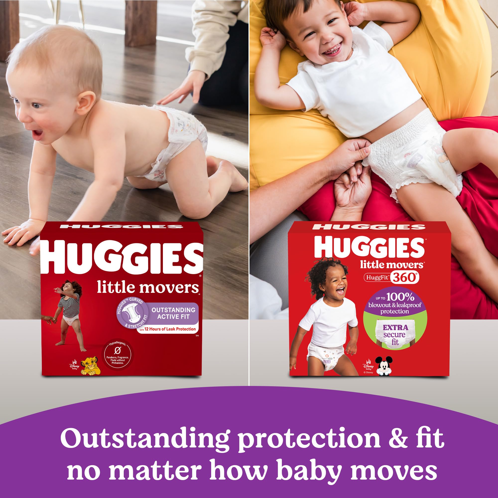 Huggies Little Movers HuggFit 360° diaper latex-free and chlorine-free.