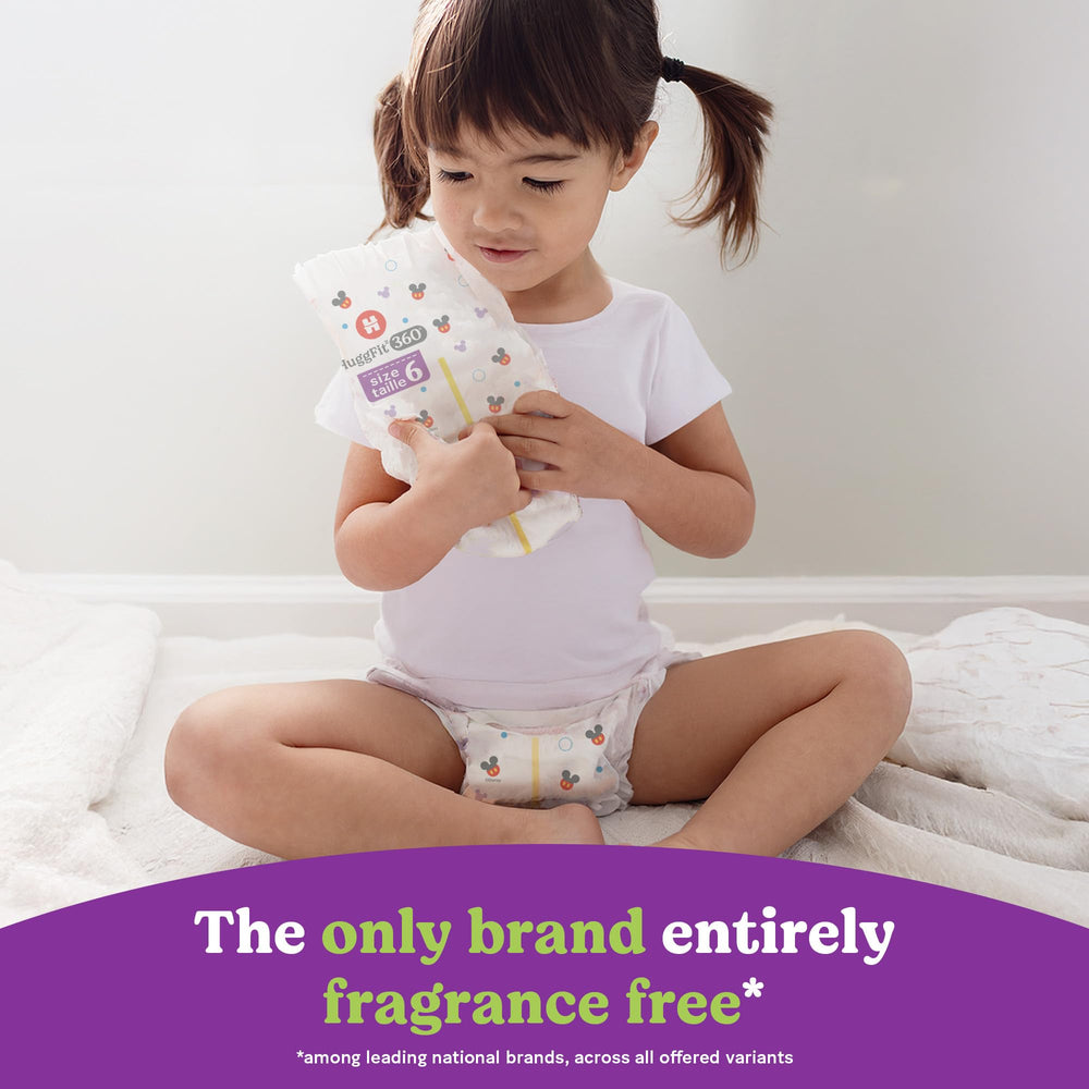 Huggies Little Movers HuggFit 360° diaper includes wetness indicator.