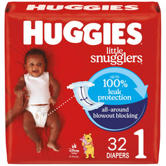 Huggies Little Snugglers Size 1 diapers pack for 8-14 lb babies, trusted protection.