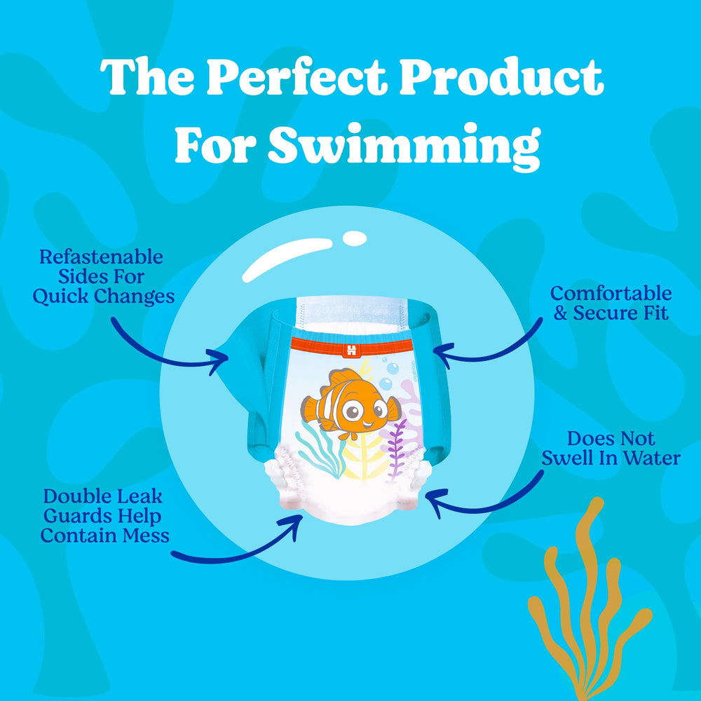 Huggies Little Swimmers provides a comfortable, secure fit around baby’s legs.