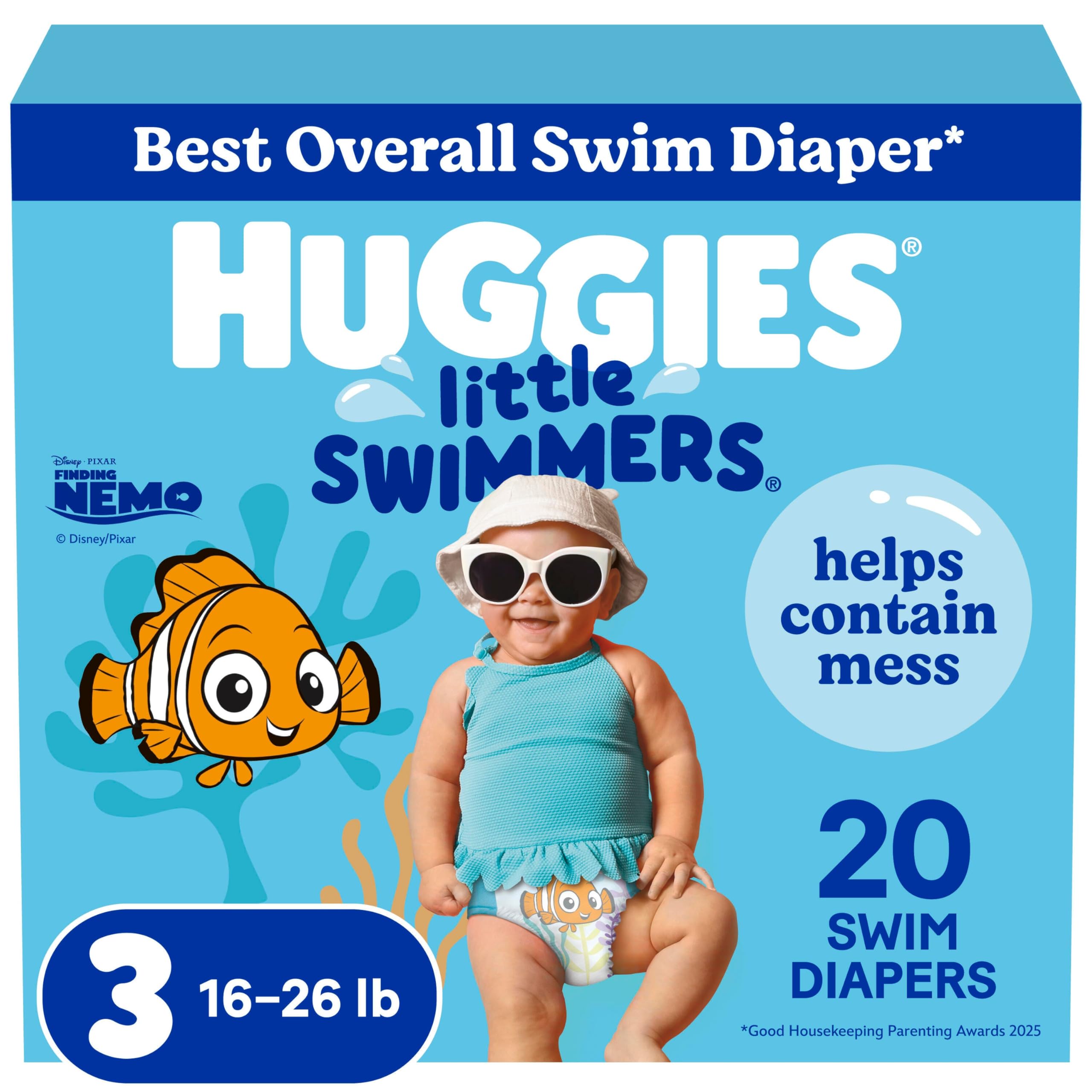 Huggies Little Swimmers 20-count pack on packaging, ideal for pool time.
