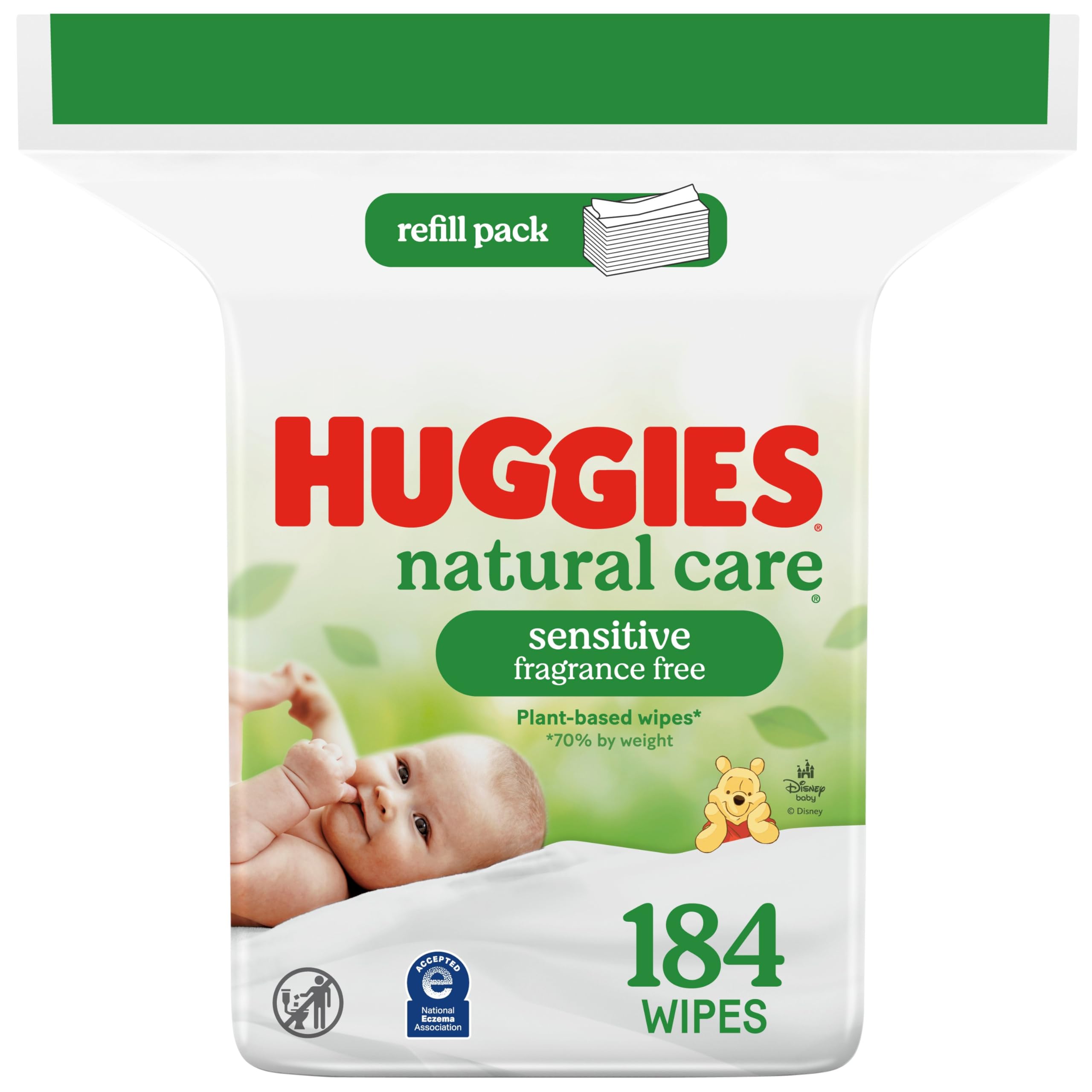 Huggies Natural Care Sensitive Wipes pack front with Disney patterns for on-the-go parents.