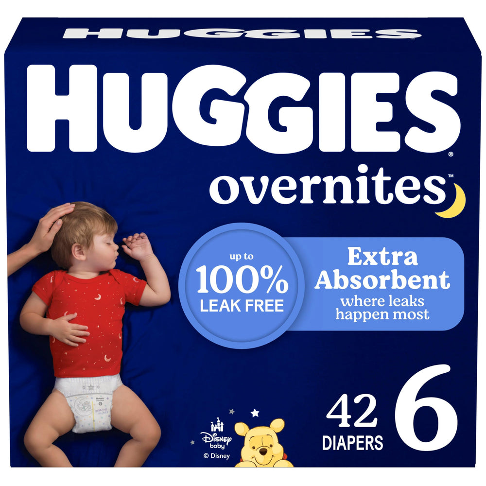 Huggies Overnites Size 6 packaging variations support all-night protection.