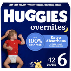 Huggies Overnites Size 6 packaging variations support all-night protection.