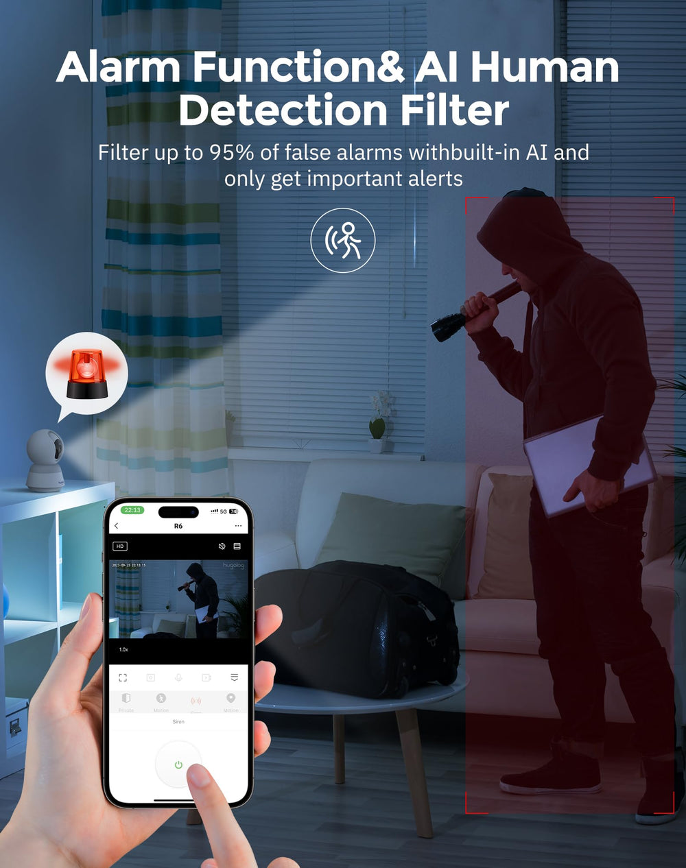 Hugolog Alexa-compatible security camera supports hands-free monitoring and control.