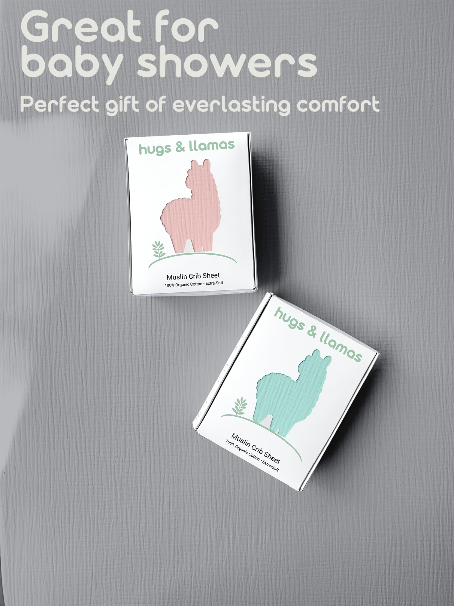 Hugs & Llamas muslin crib sheet emphasizes breathable comfort for warm nights.