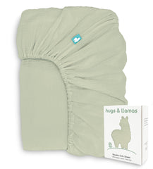 Hugs & Llamas organic muslin crib sheet olive closeup weave, showing softness
