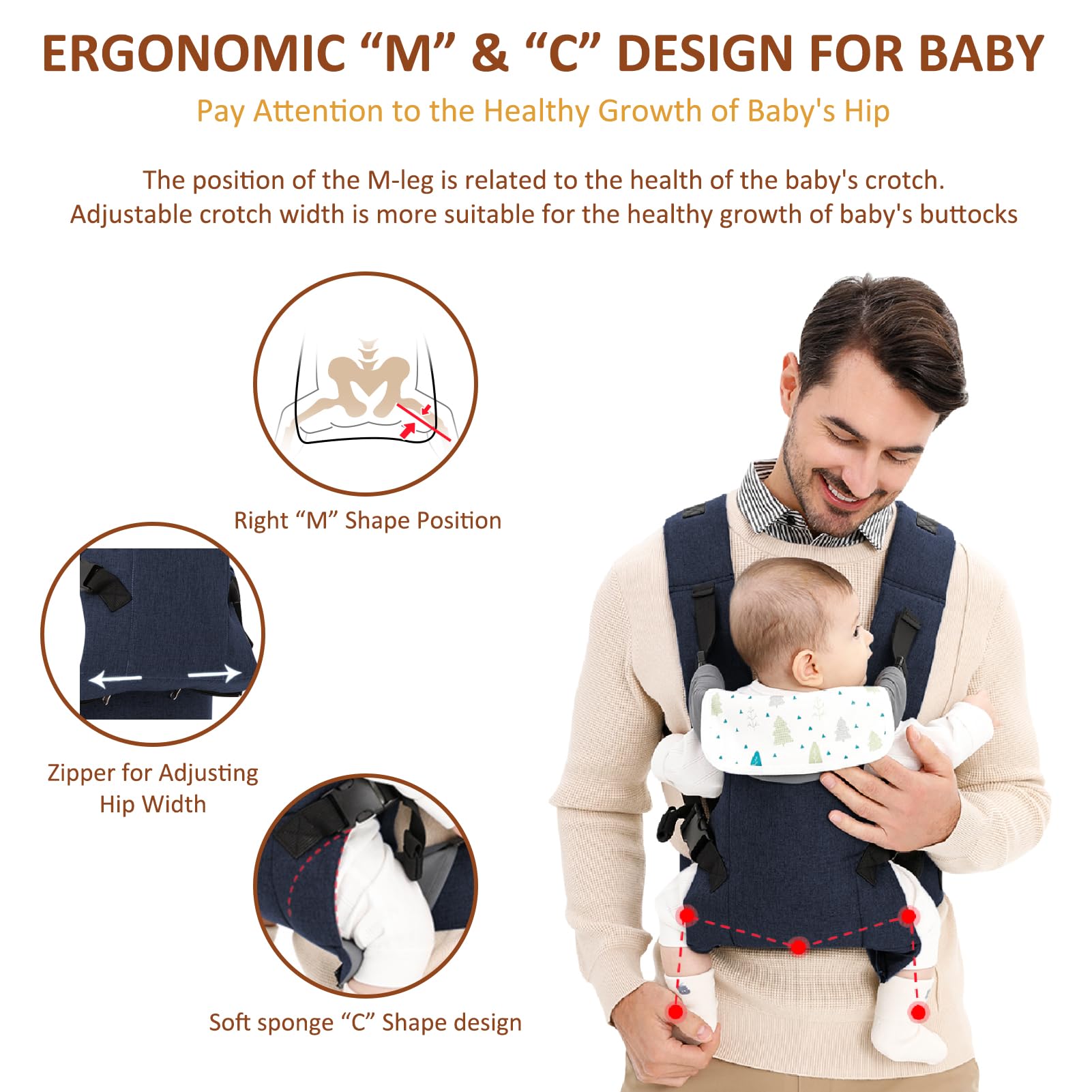 Huifen 4-in-1 carrier supports cross-hug, facing-in, kangaroo, back-carry.