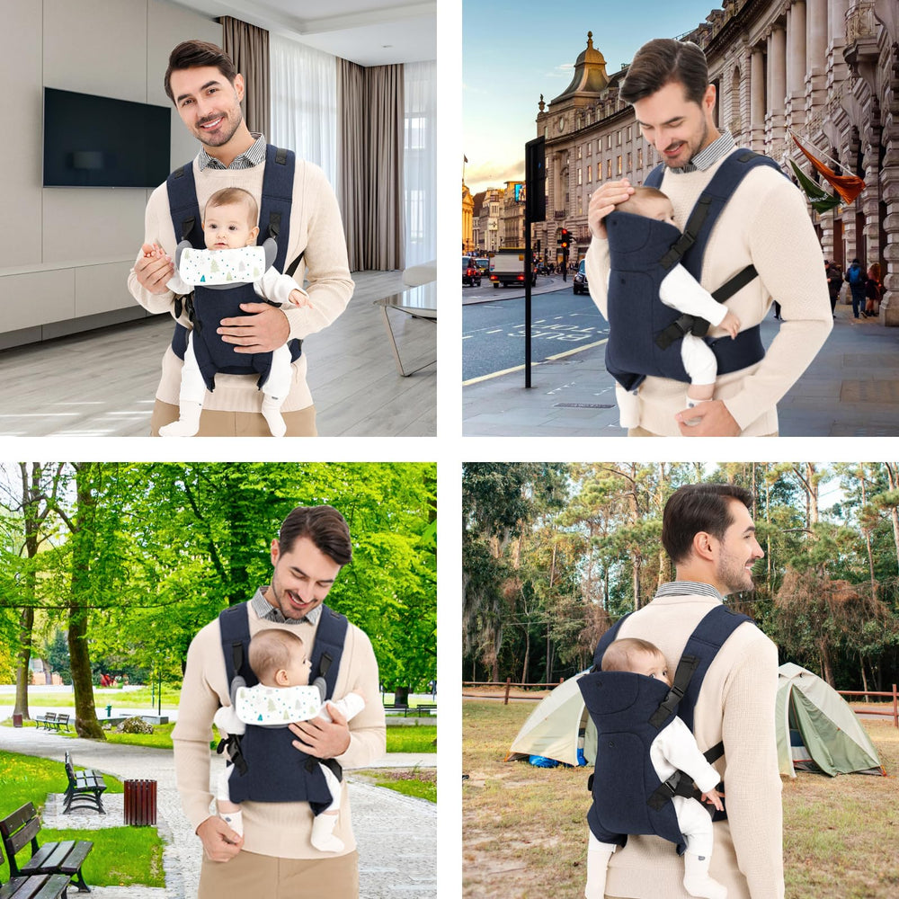 Huifen blue baby carrier ready for everyday wearing and travel.