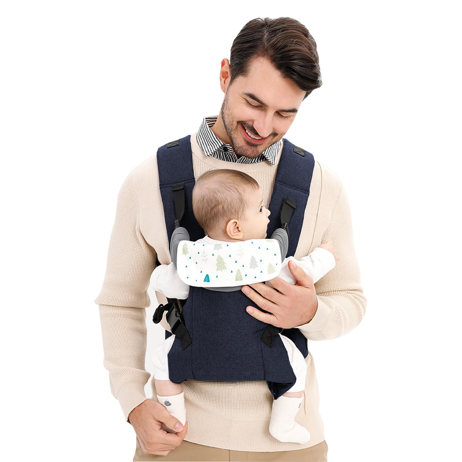 Huifen baby carrier shows M-hip ergonomic design for stable support.