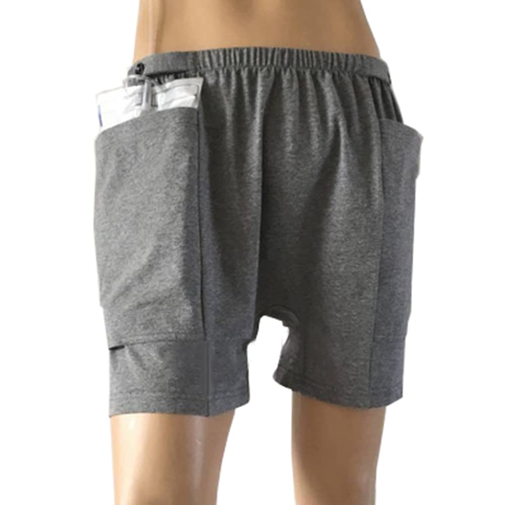 HUKSOSE shorts for nephrostomy bag with side pockets for discreet urine bag storage.