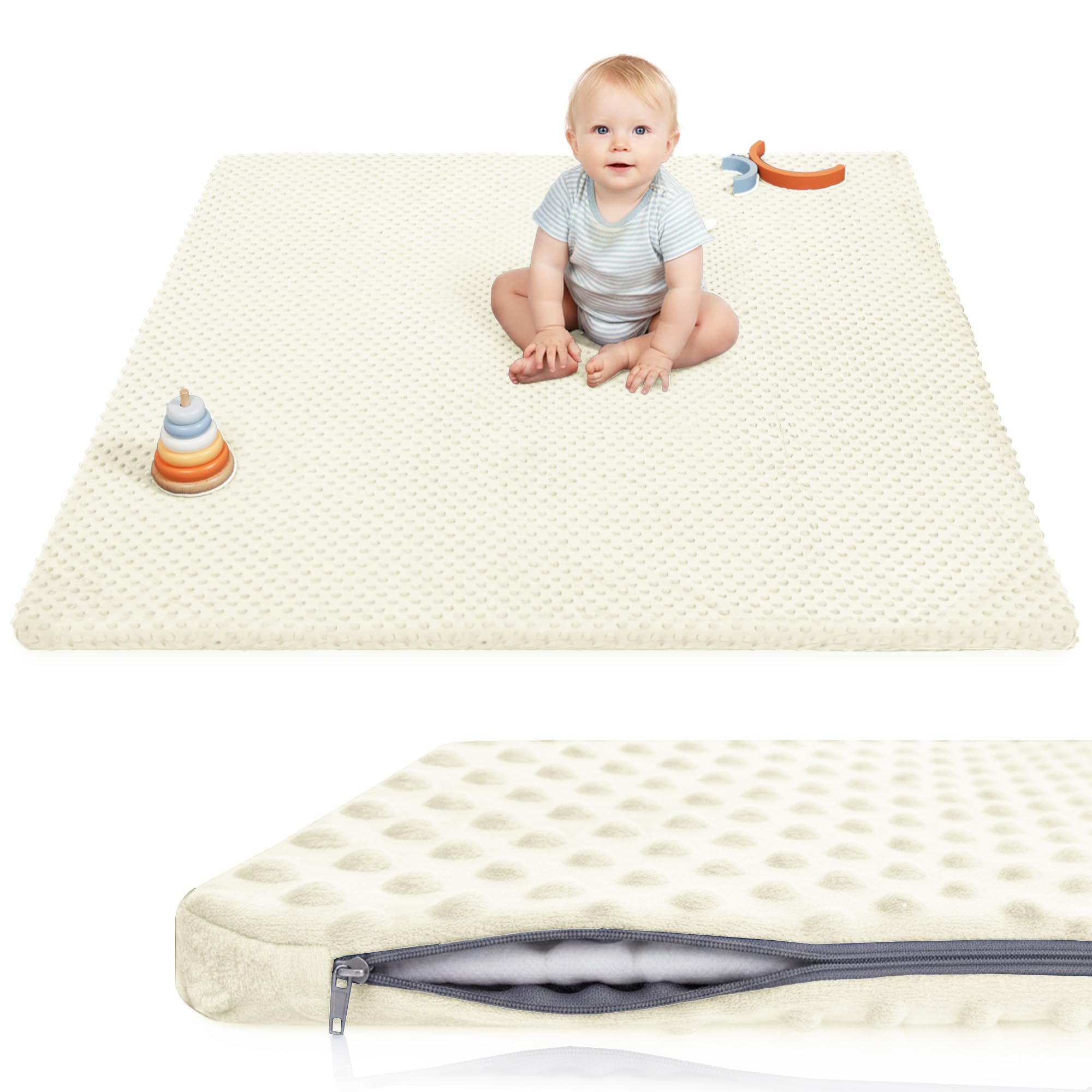 Huloo Sleep cream baby floor mat top view with cushioned surface for tummy time