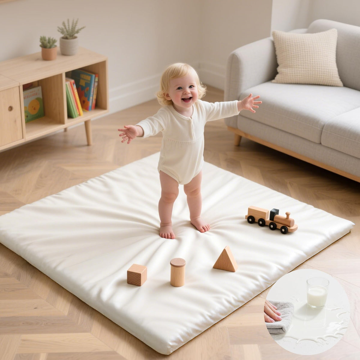 Huloo Sleep baby play mat in cream ready for tummy time and safe floor play.