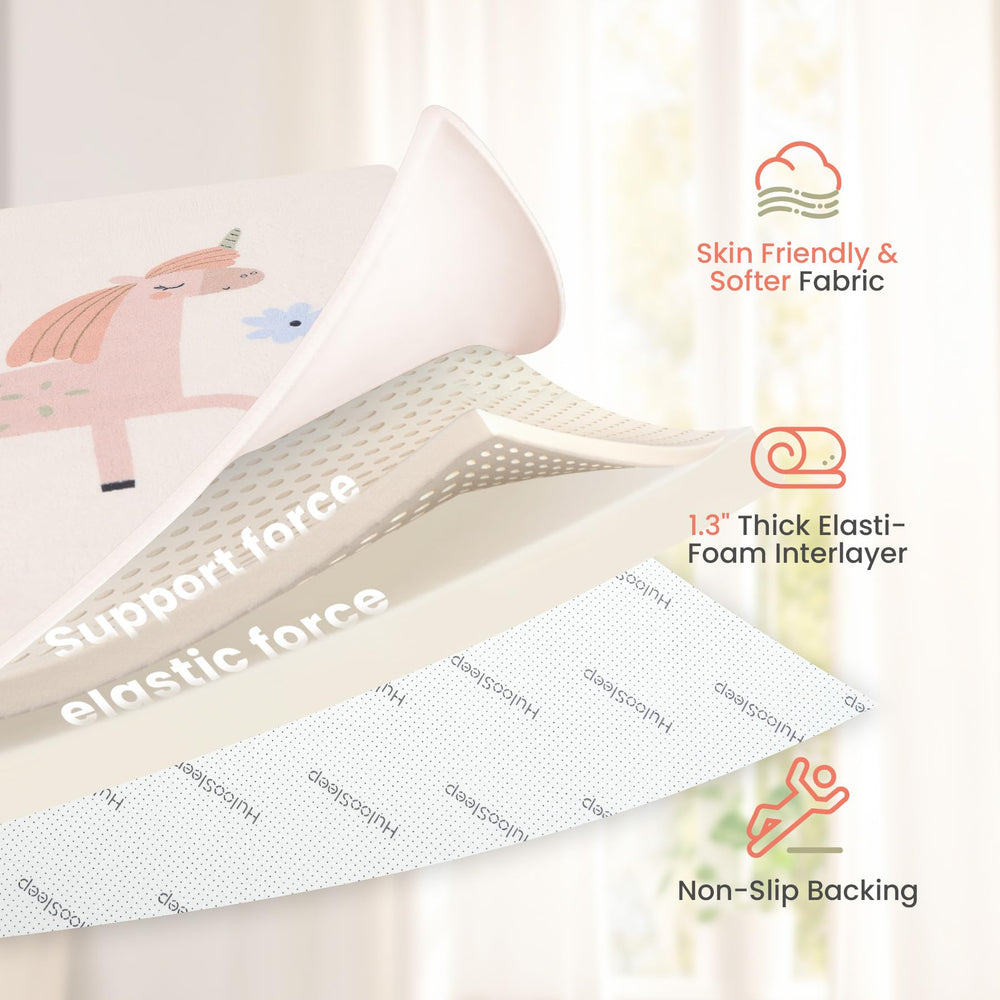 Fifty-by-fifty inch nursery rug offers ample tummy-time space.