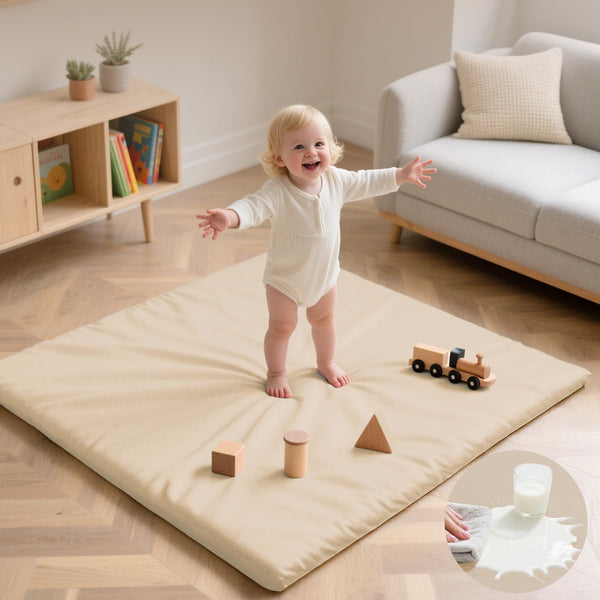 Huloo Sleep baby play mat 50x50 with waterproof vegan leather for easy cleanup.