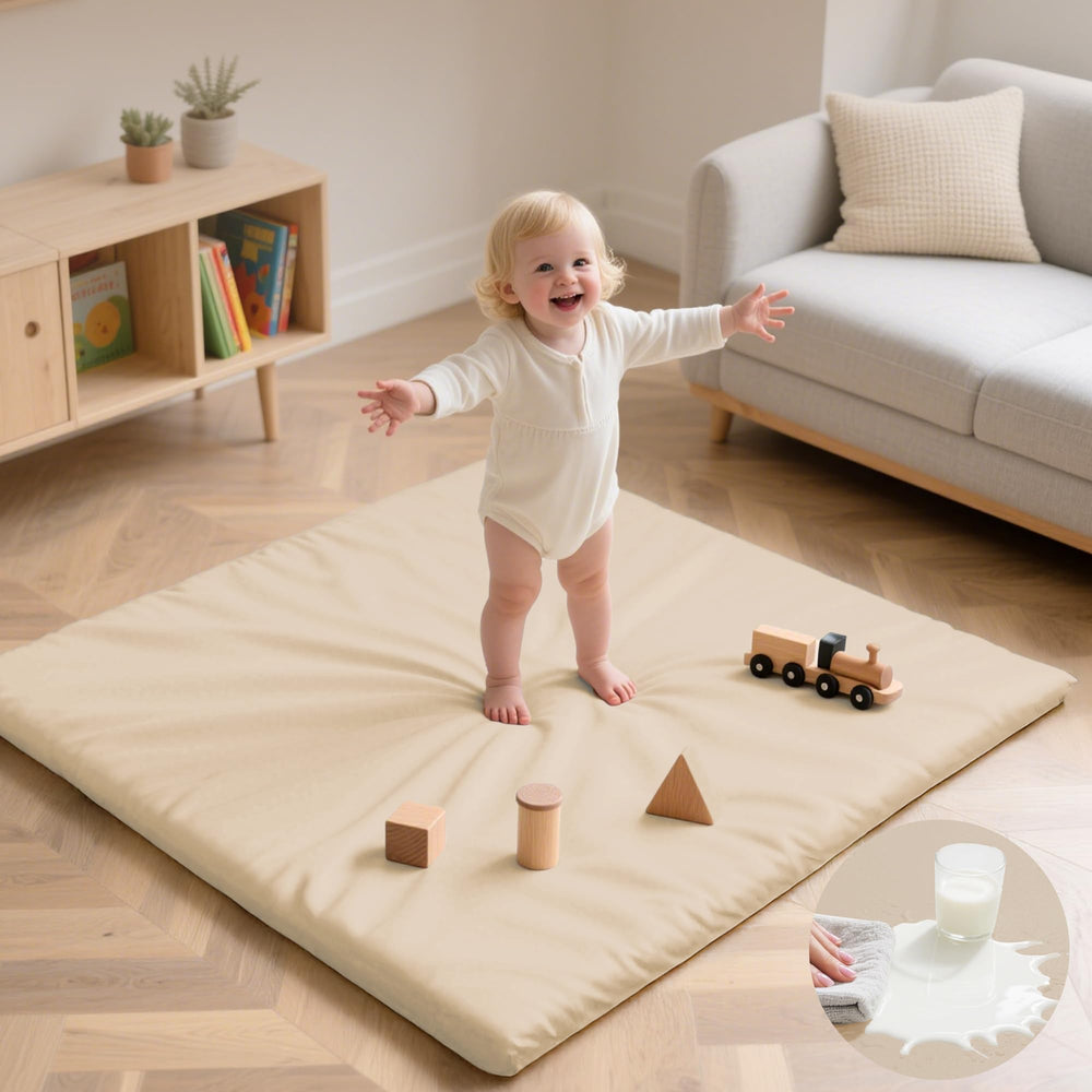 Huloo Sleep baby play mat 50x50 with waterproof vegan leather for easy cleanup.