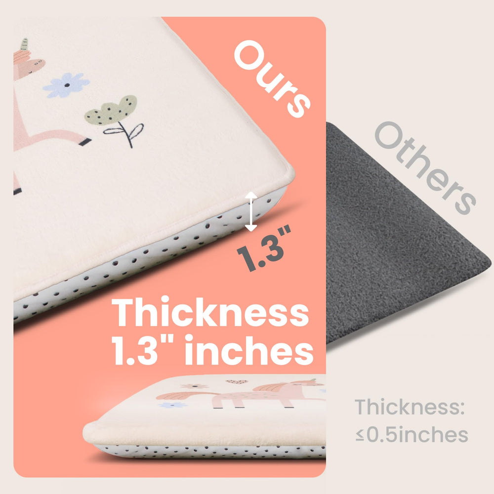 Huloo Sleep play mat uses water-repellent coral velvet for easy cleanup.