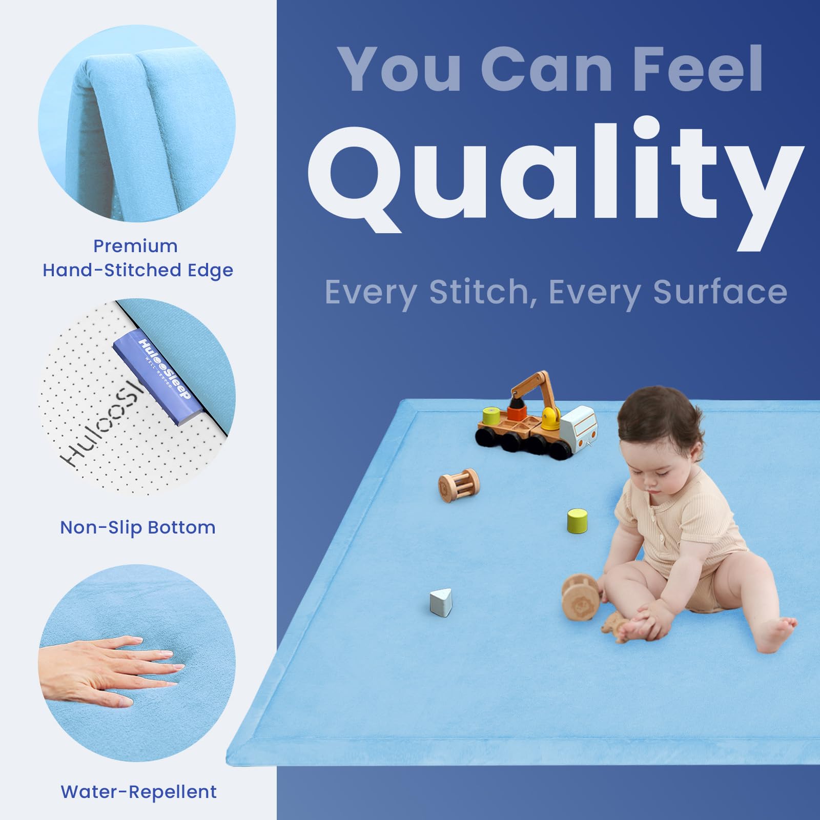 Huloo Sleep Baby Play Mat light blue color adds a calming look to the nursery.