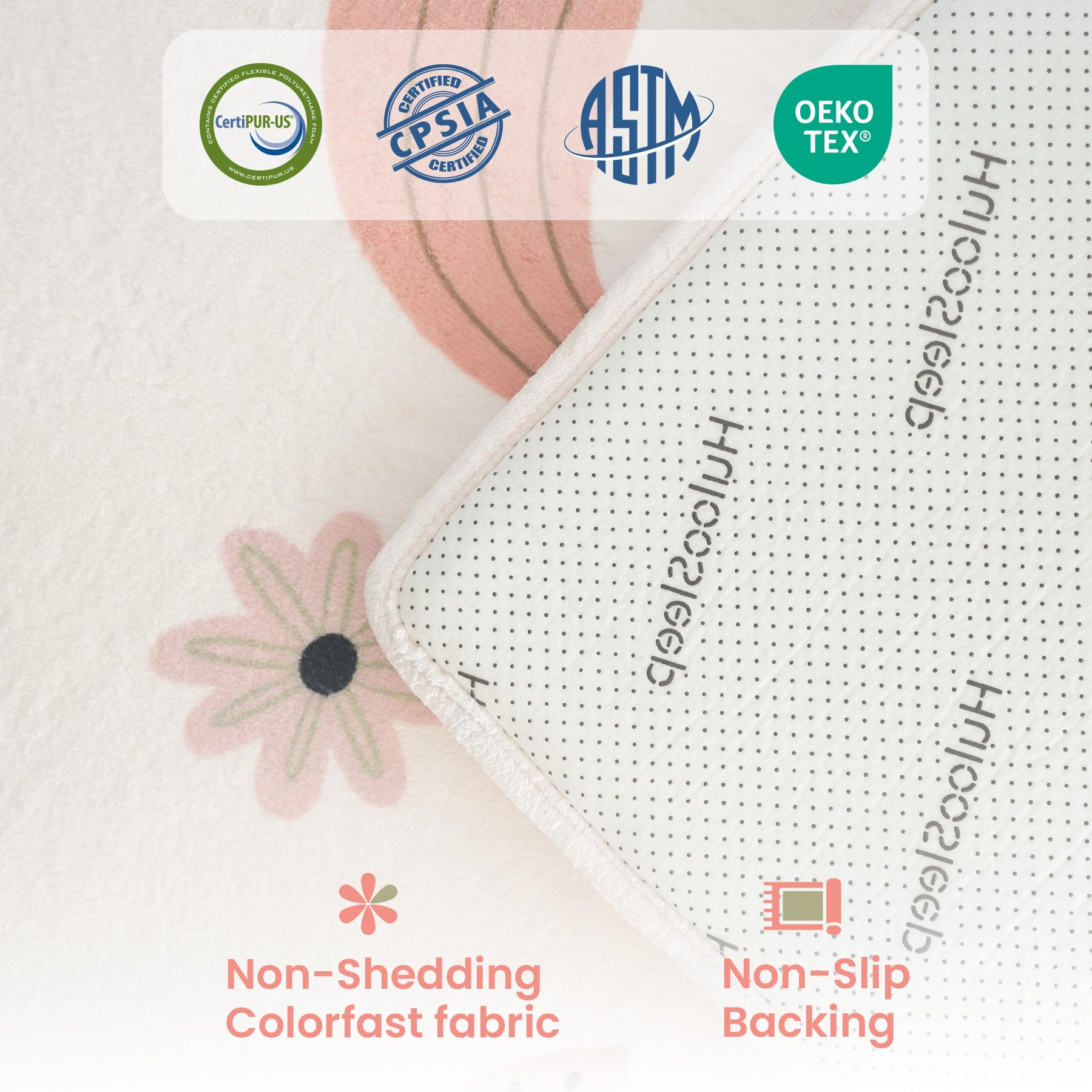 Huloo Sleep unicorn motif invites playful exploration during baby play.