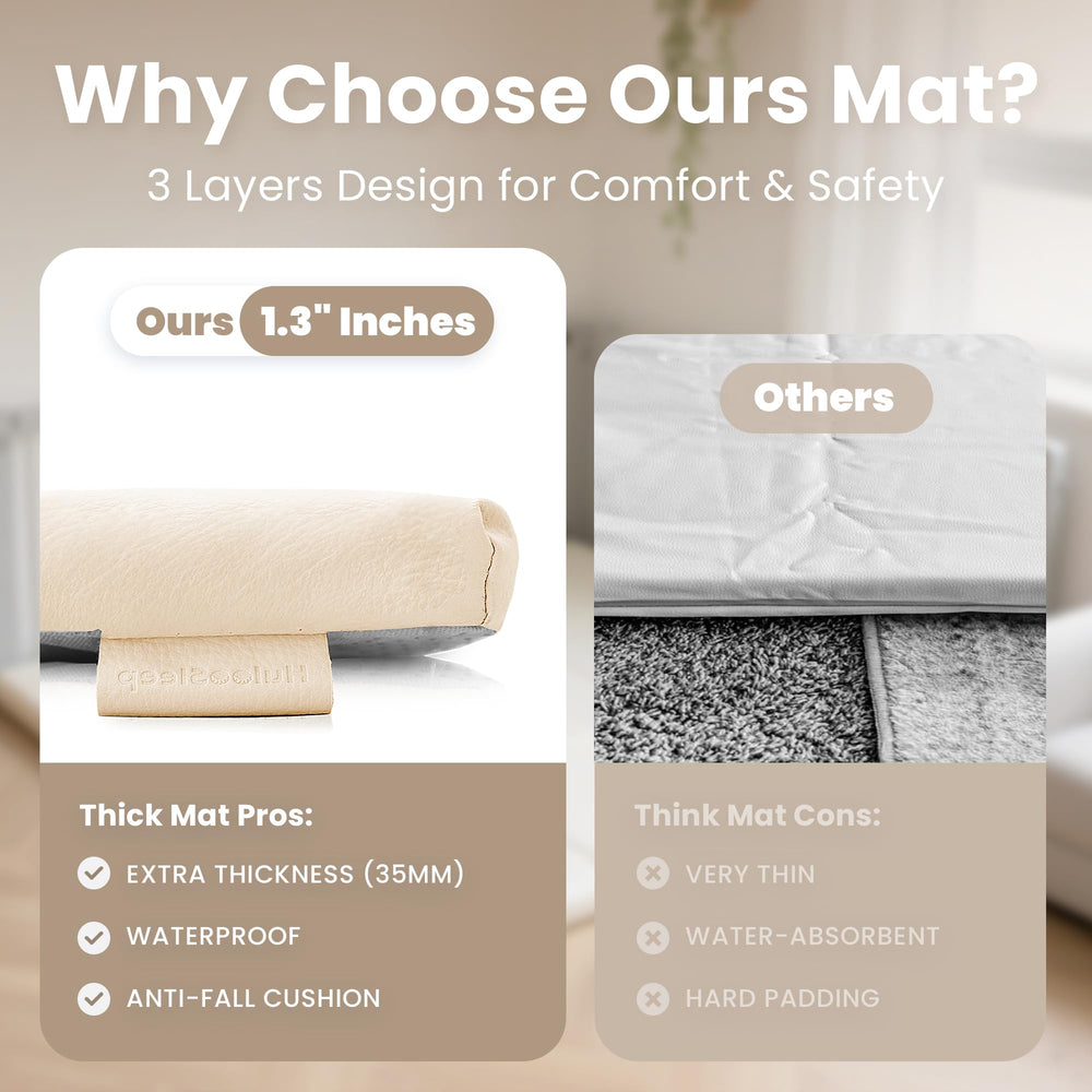 Huloo Sleep mat shows waterproof vegan leather surface resistant to spills.
