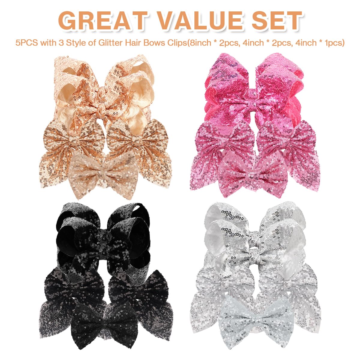 Hulyfw sparkly gold hair bows 8-inch clips add festive bling to party hairstyles.