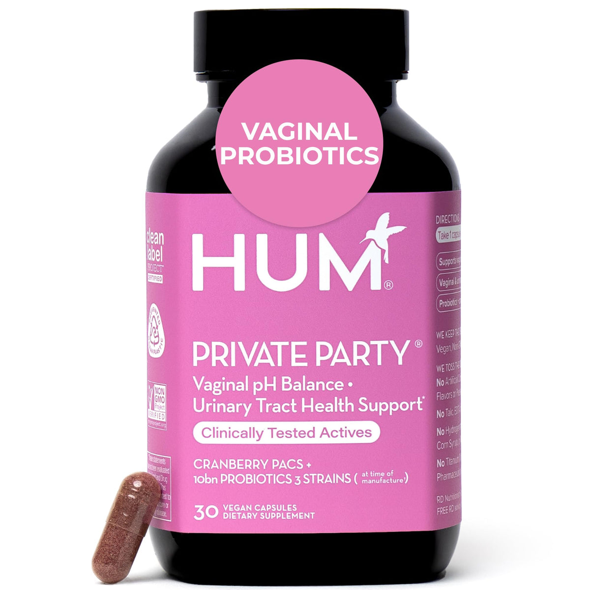 HUM Private Party bottle front displaying capsules for vaginal health support.