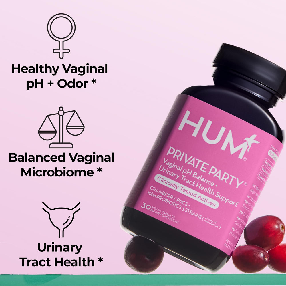 HUM Private Party capsules pack shown for easy daily probiotic routine.